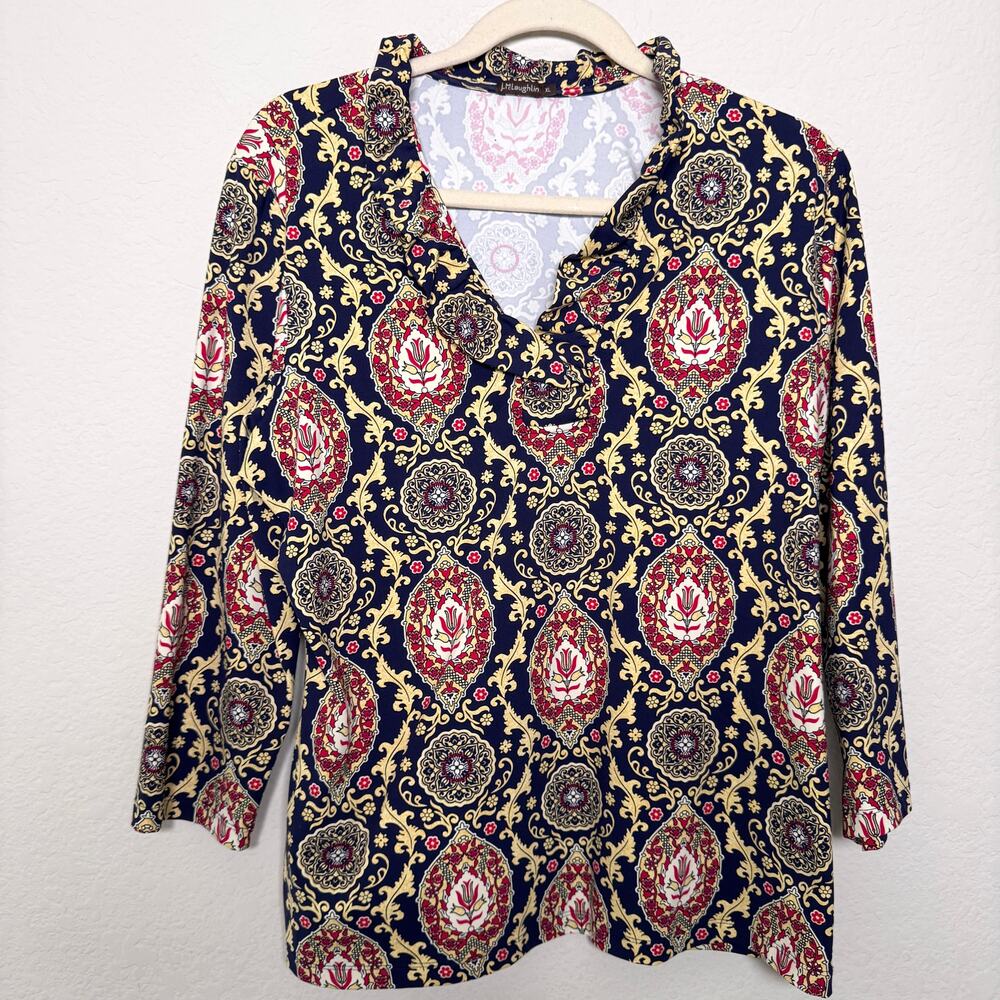 J McLaughlin Women Catalina Cloth Blouse Top Size XL Floral Stretch Classic Blue